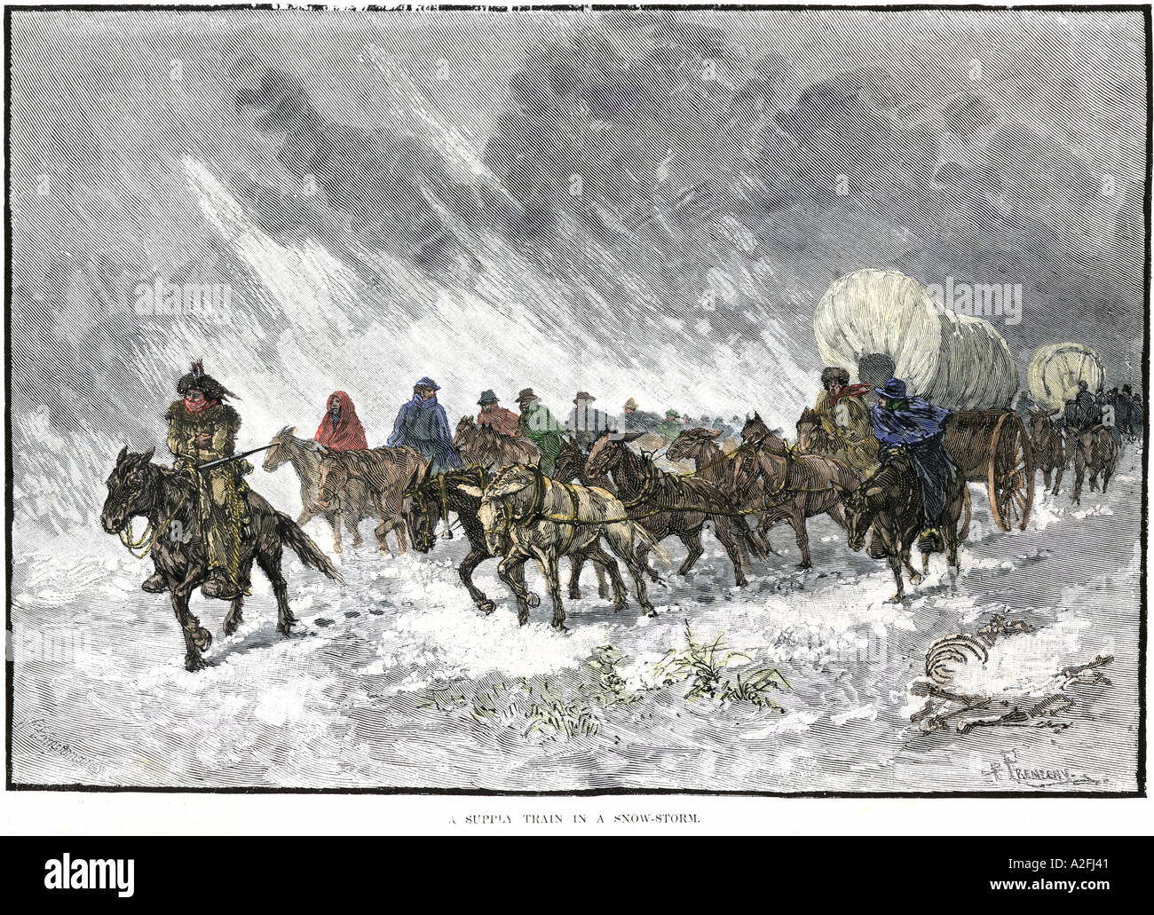 Covered wagon train in a snowstorm on the Great Plains 1800s. Hand-colored woodcut Stock Photo