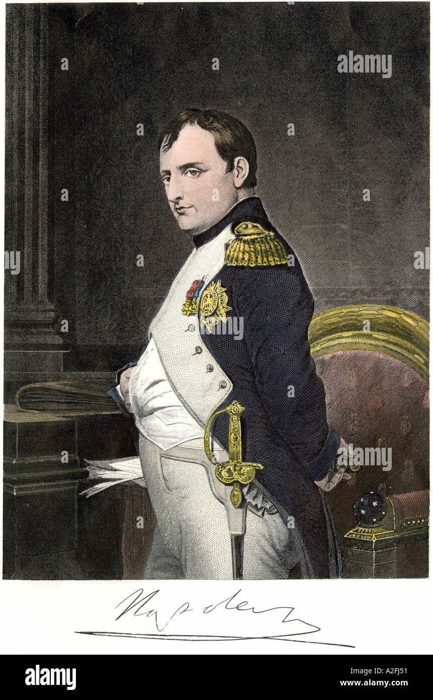 Napoleon Bonaparte in military uniform. Hand-colored steel engraving Stock Photo