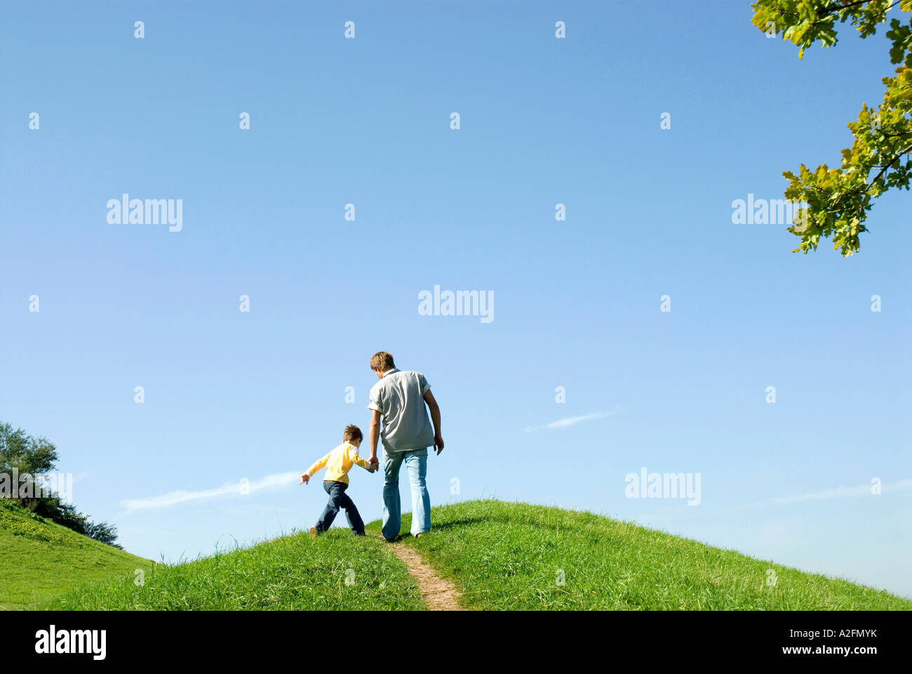 Father walking with son (4-7) hand in hand, rear view Stock Photo