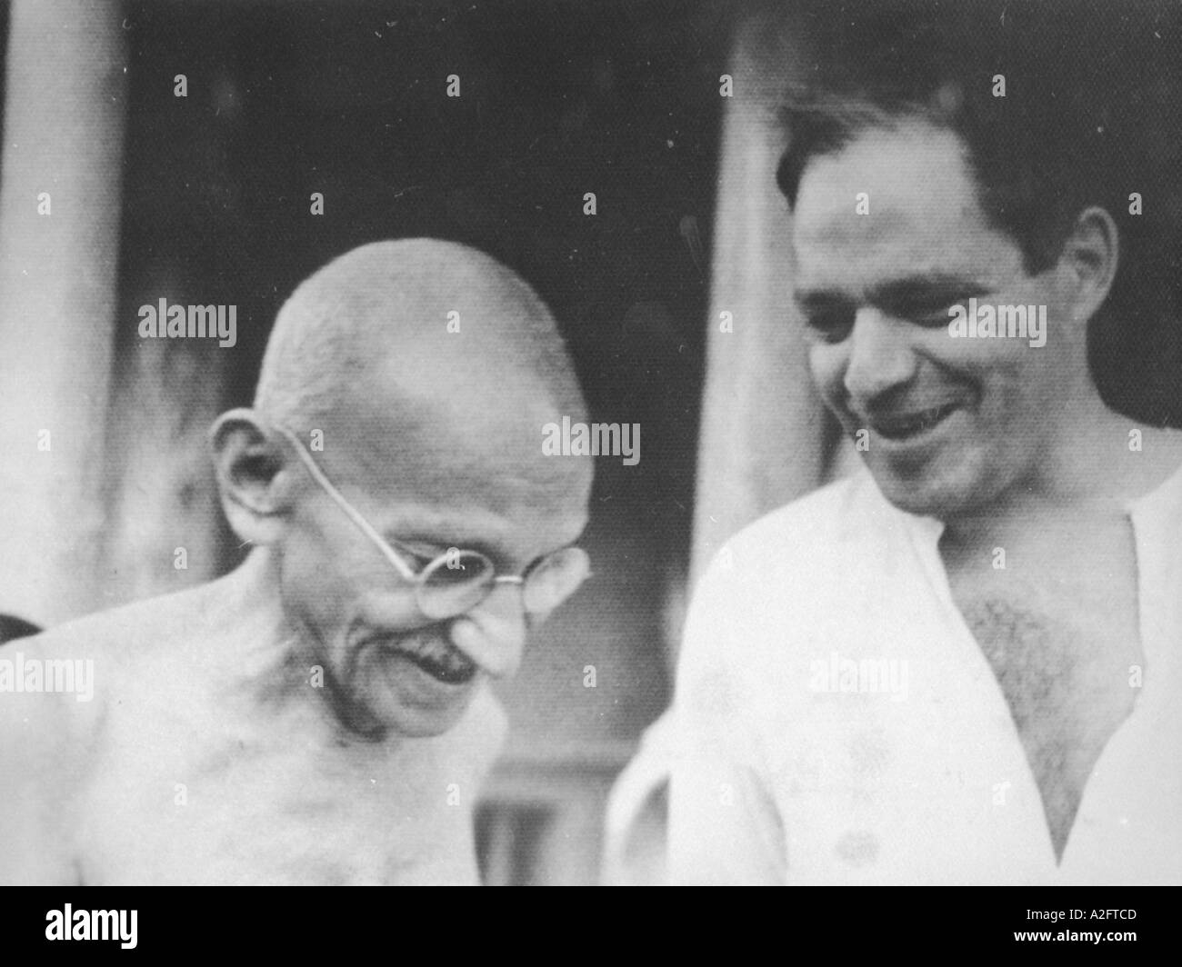 Mahatma Gandhi with Louis Fisher journalist from USA at Sevagram Ashram, Wardha, Maharashtra, India, Asia, 1941, old vintage 1900s picture Stock Photo