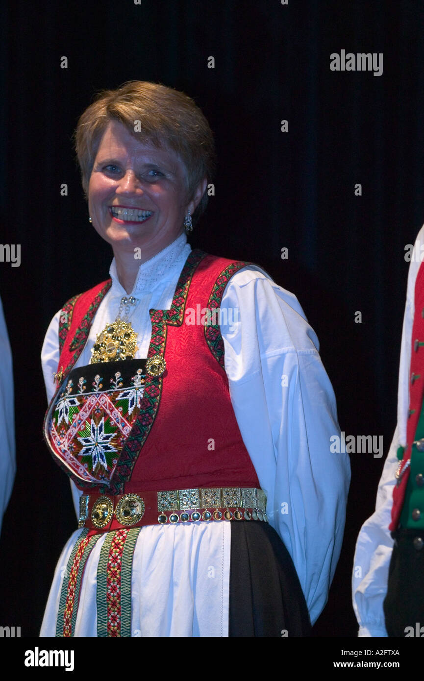 Bergen traditional Norwegian folk dancer. Costumes are designed in the