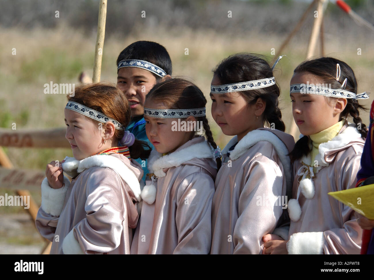 Asia, Russian, Russian Far East, Kamchatkan Peninsula, Kaigan region. Native girls in traditional clothing Stock Photo
