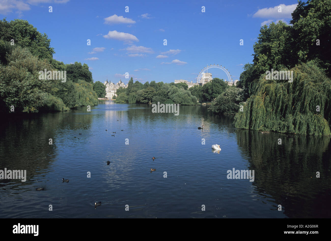 View Over St James Lake Towards Whitehall St James Park London London Eye Visible Behind 