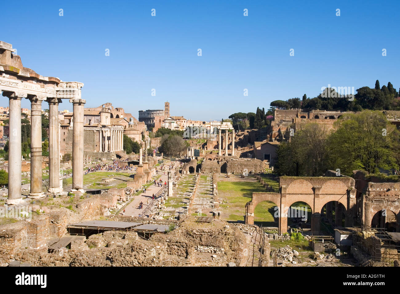 Roman Forum ancient ruins looking to the Colisseum in summer sun sunshine with blue sky Rome Italy Europe Stock Photo
