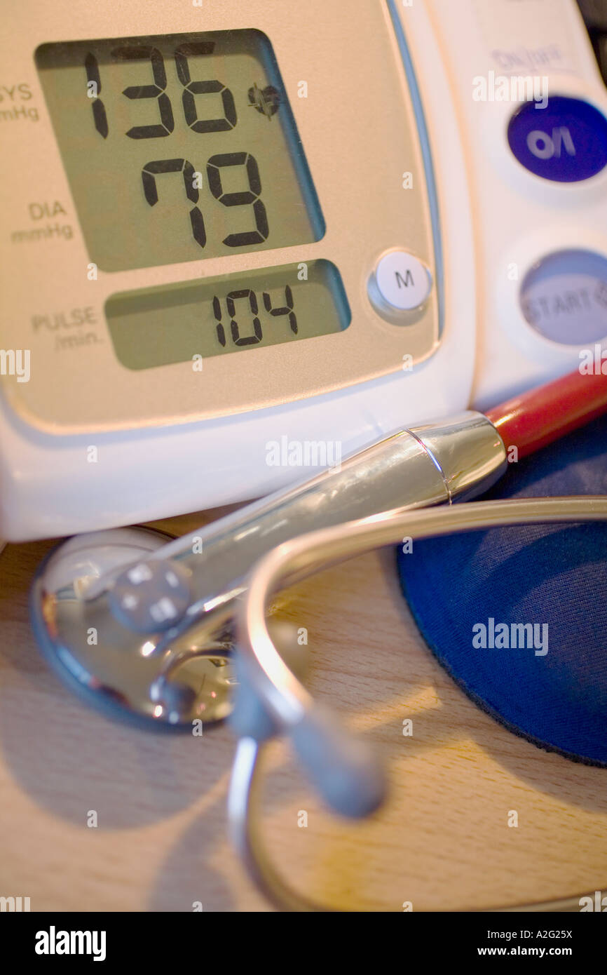 Electronic Sphygmomanometer scale and stethoscope closeup close up