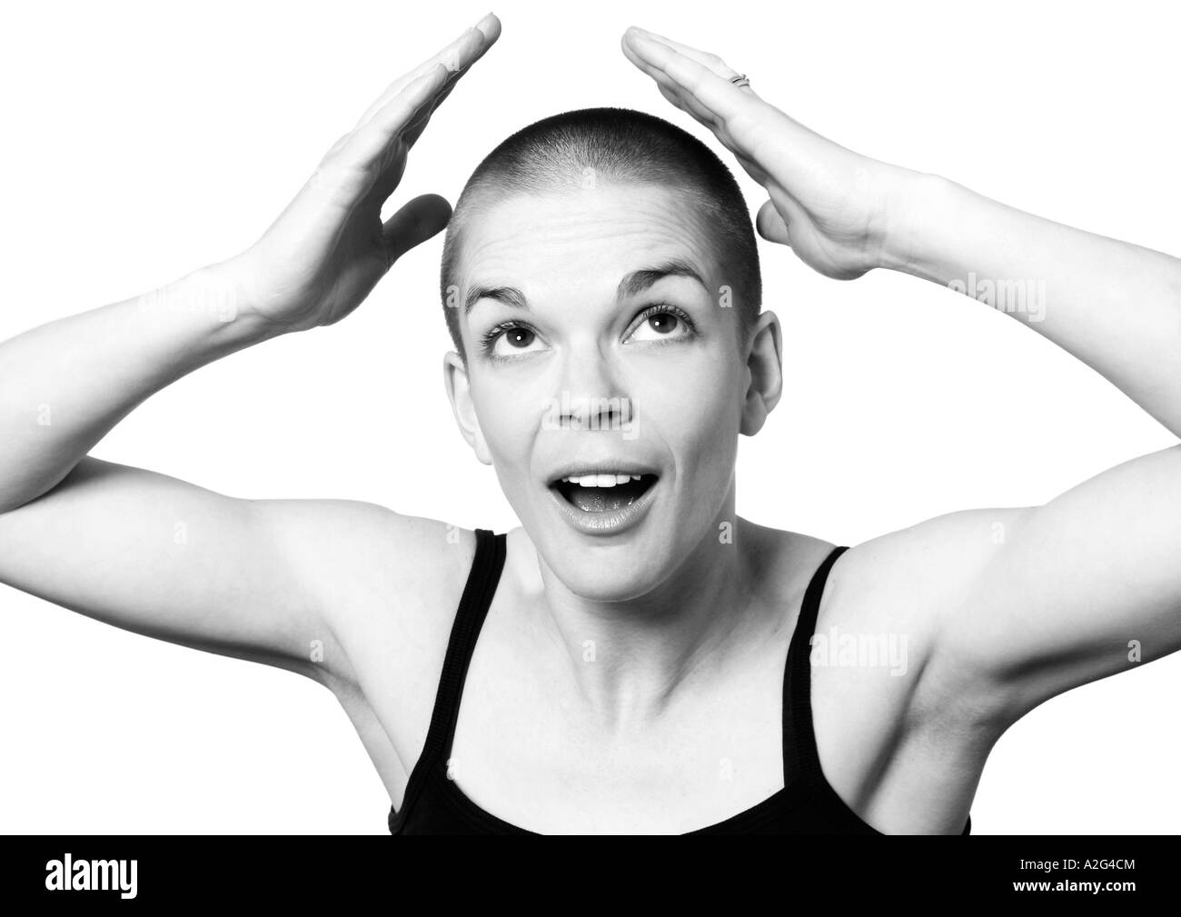woman discovering her hair has disappeared! Stock Photo