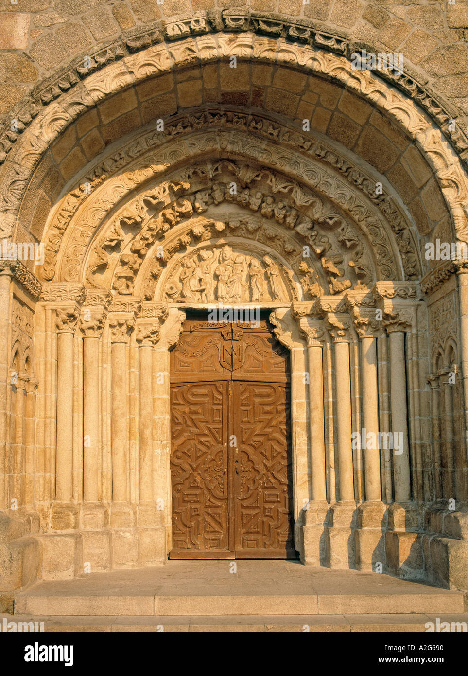 Betanzos La Coruña Province Spain Portal of Romanesque Gothic church of Santa Maria del Azogue Stock Photo