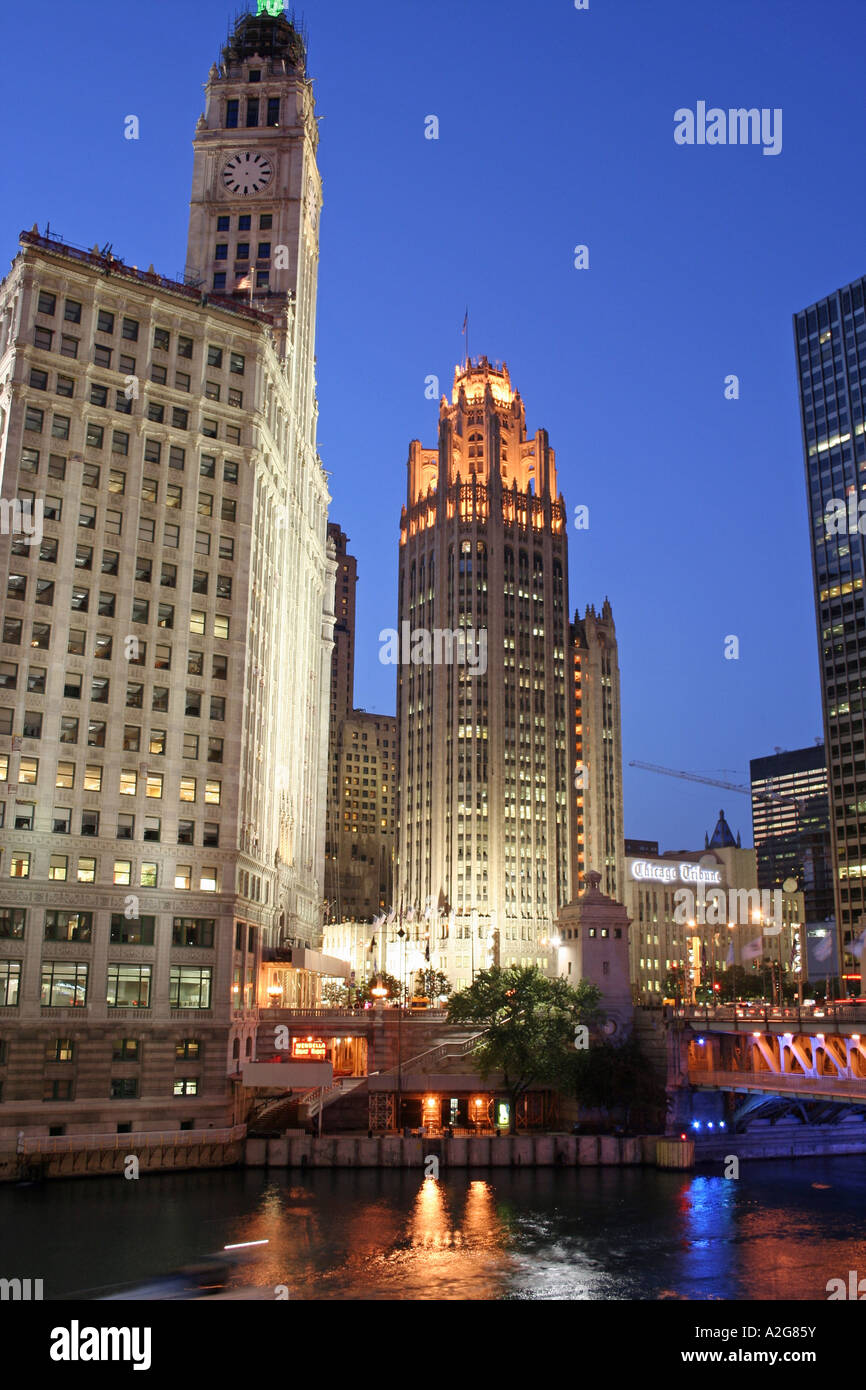Chicago Skyline Illuminated at Night Reflecting on the River Stock ...