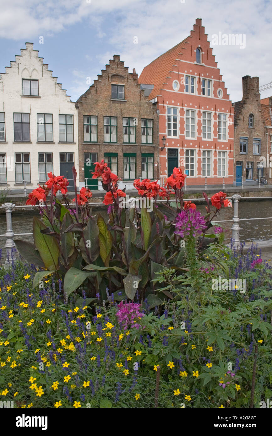 Flower Display and Colourful houses Bruges Belgium Stock Photo Alamy