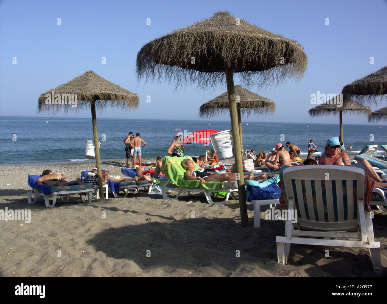 Summer Fun on the Beach Bikini Beach Chiringuito Playa de Castillo, Fuengirola, Costa del Sol, Spain Stock Photo pic