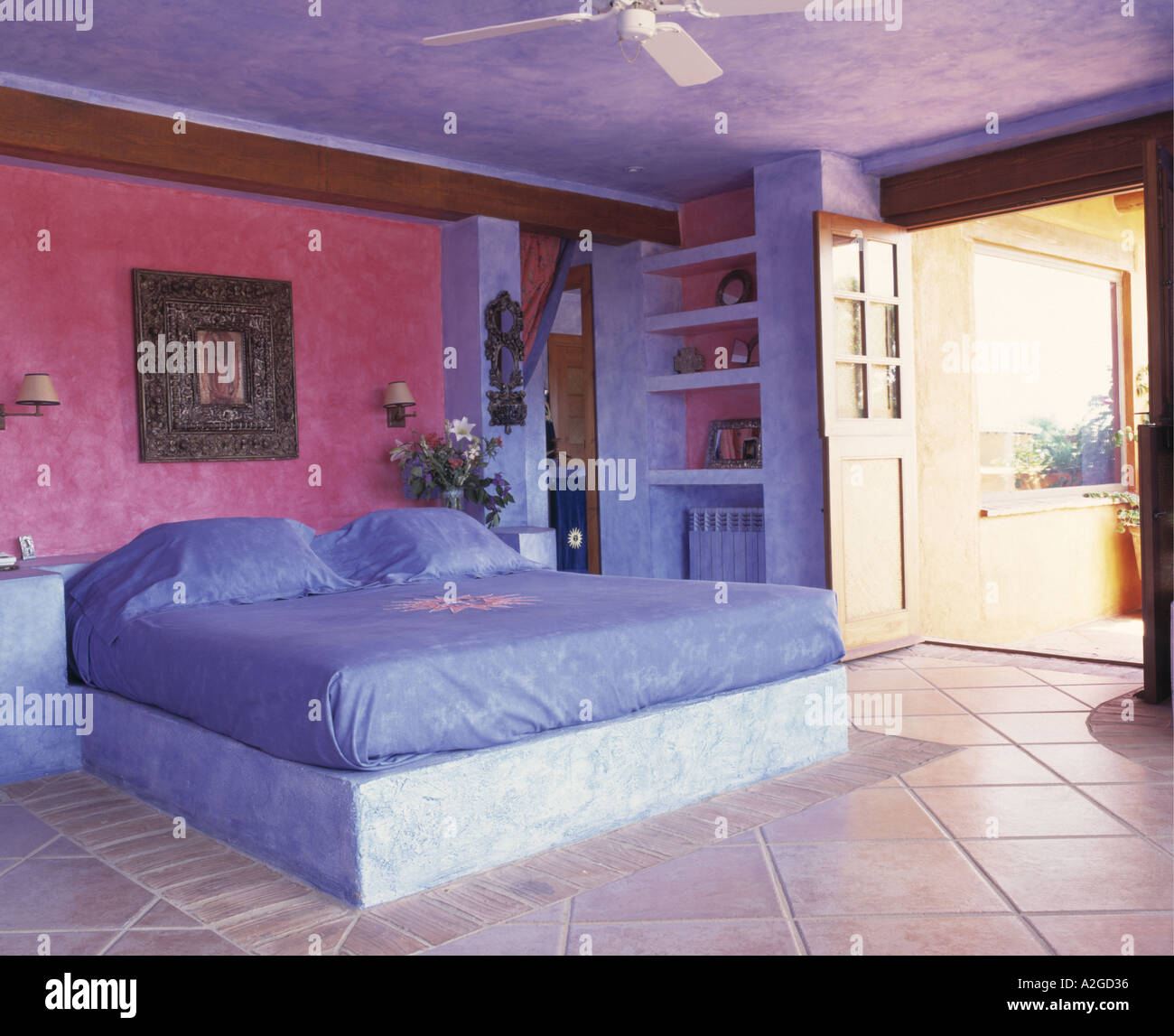 colourful bedroom of spanish villa Stock Photo Alamy