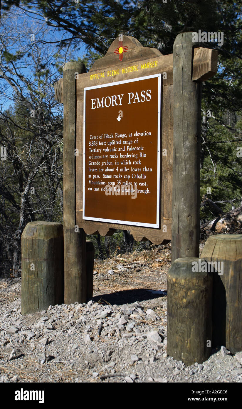 Emory Pass Sign at the crest of the Black Mountain Range New Mexico on the Geronimo Trail Stock Photo
