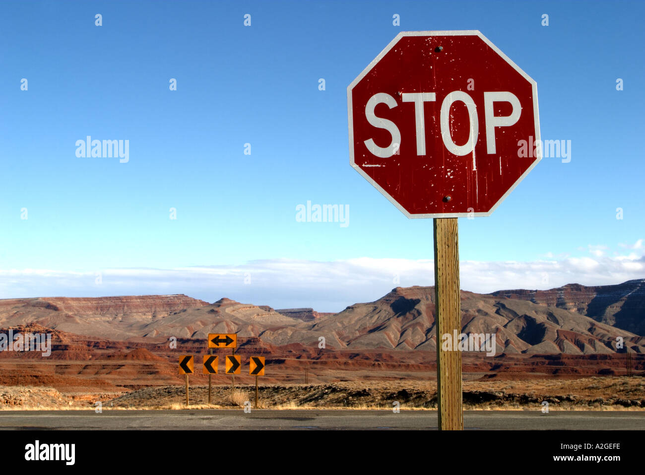 Stop sign in Utah along the highway near Goosenecks and Mexican Hat