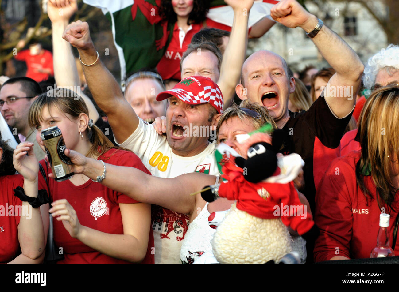 Welsh rugby fans outside in Cardiff celebrating a Six Nations Championship Grand Slam match win against Ireland Stock Photo