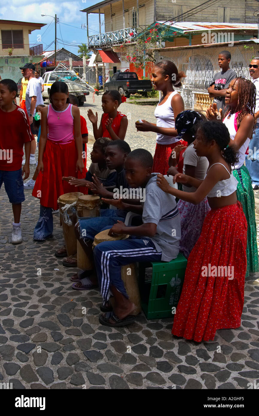A group of kids from the congo culture in Colon Panama play and dance