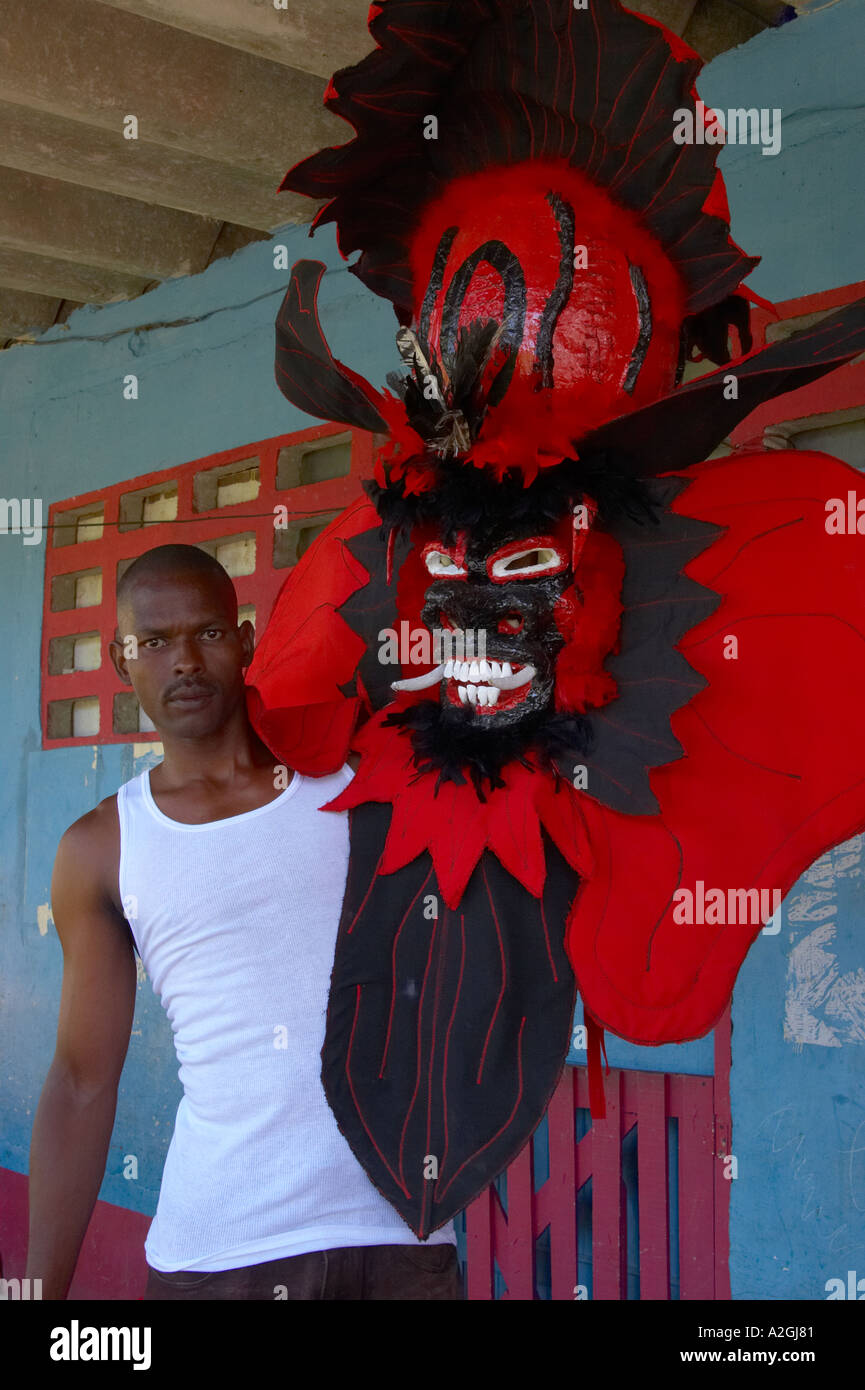Congo culture men pose for the camera at the bi annual meeting of devils and congos Portobello Colon Panama Central America Stock Photo