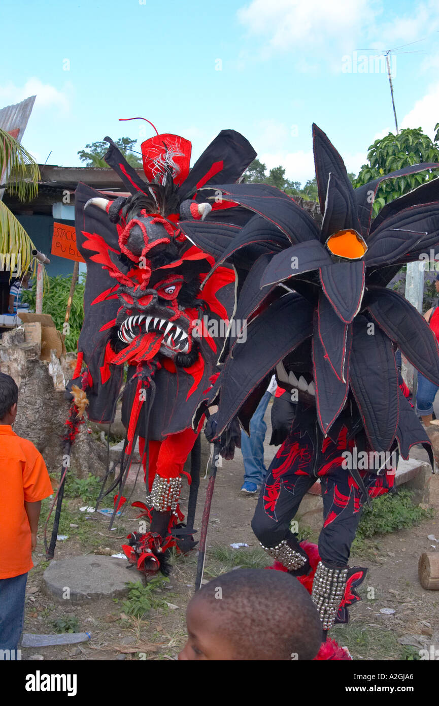 Congo culture men pose for the camera at the bi annual meeting of devils and congos Portobello Colon Panama Central America Stock Photo