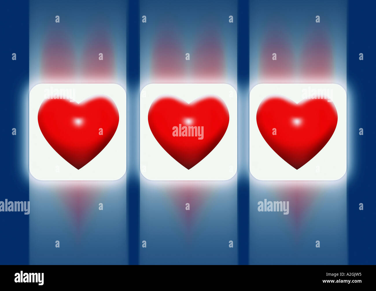 Three hearts on a slot machine display 3 Herzen auf dem Display eines Spielautomaten Stock Photo