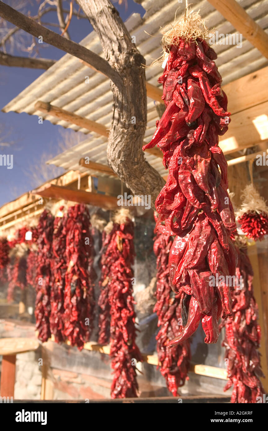 USA, New Mexico, Chimayo Santuario de Chimayo Church Area Chili Pepper Ristra Wreaths Stock