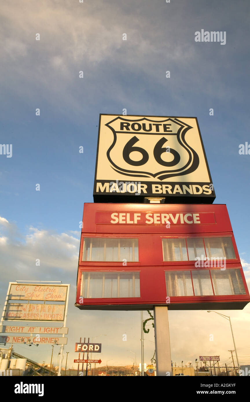 USA, New Mexico, Gallup Downtown Gallup, Rt 66 Gas Station Sign Stock