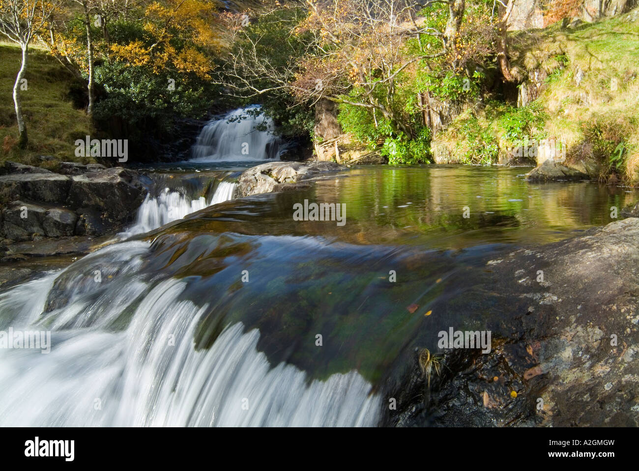 Afon Llan cascading down the slopes of Snowdon Yr Wyddfa in the Snowdonia National Park in North Wales Stock Photo
