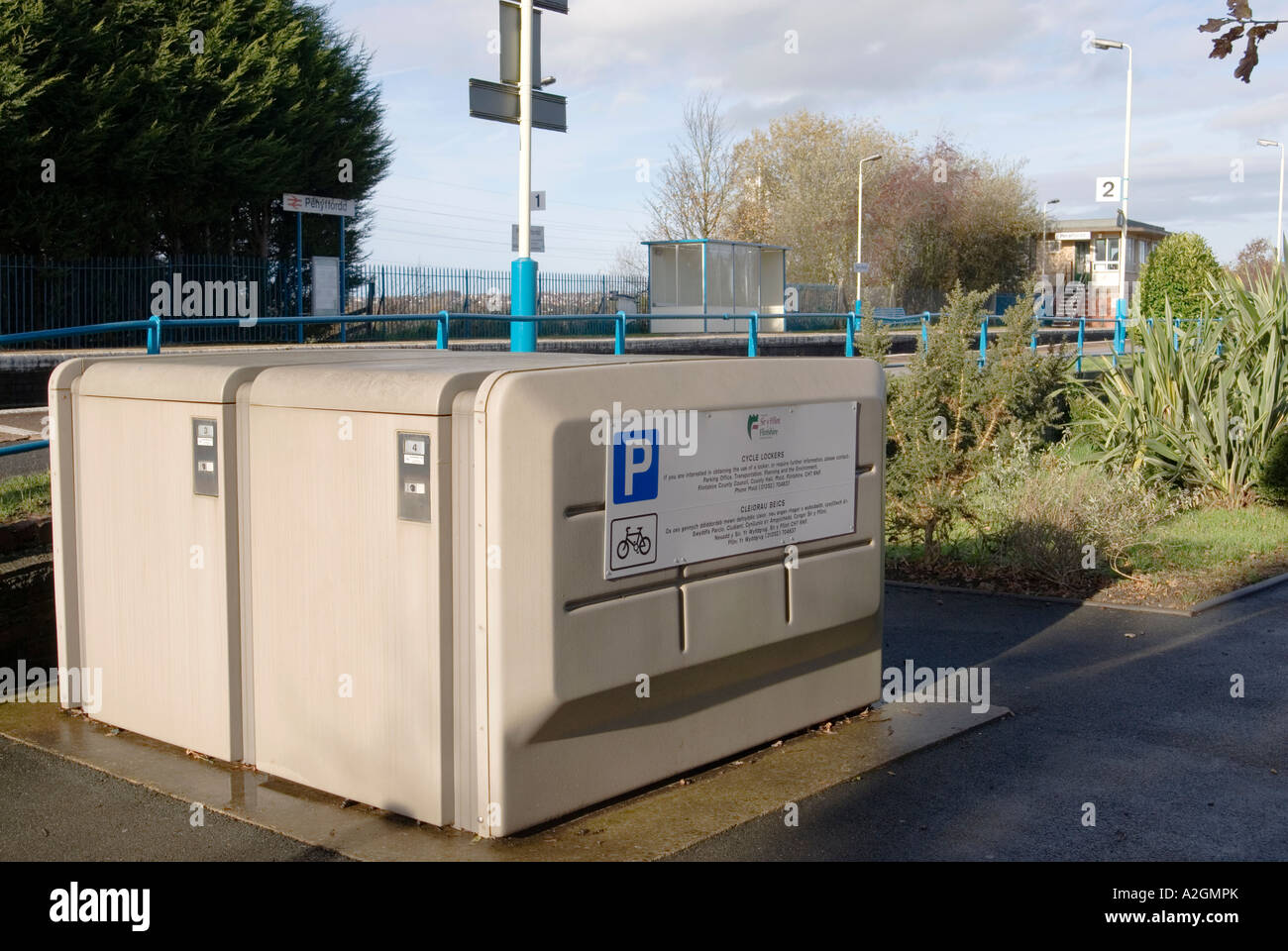 Cycle Lockers in car park at Penyffrordd railway station in Flintshire North Wales Stock Photo