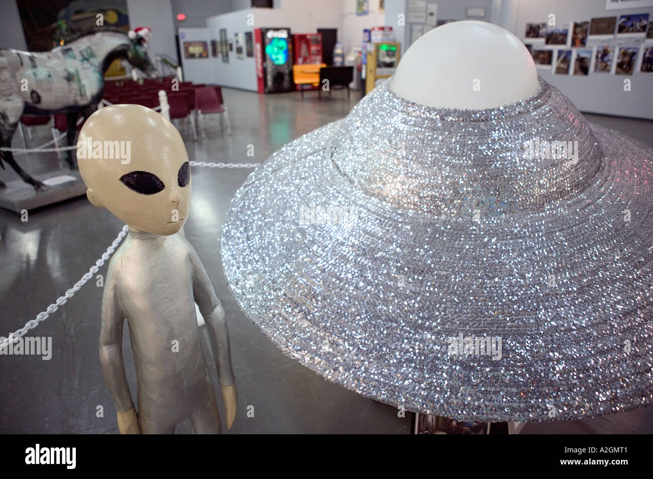 USA, New Mexico, Roswell: America's Capital of Space Alien Abductions UFO Museum, Alien & Spaceship Stock Photo