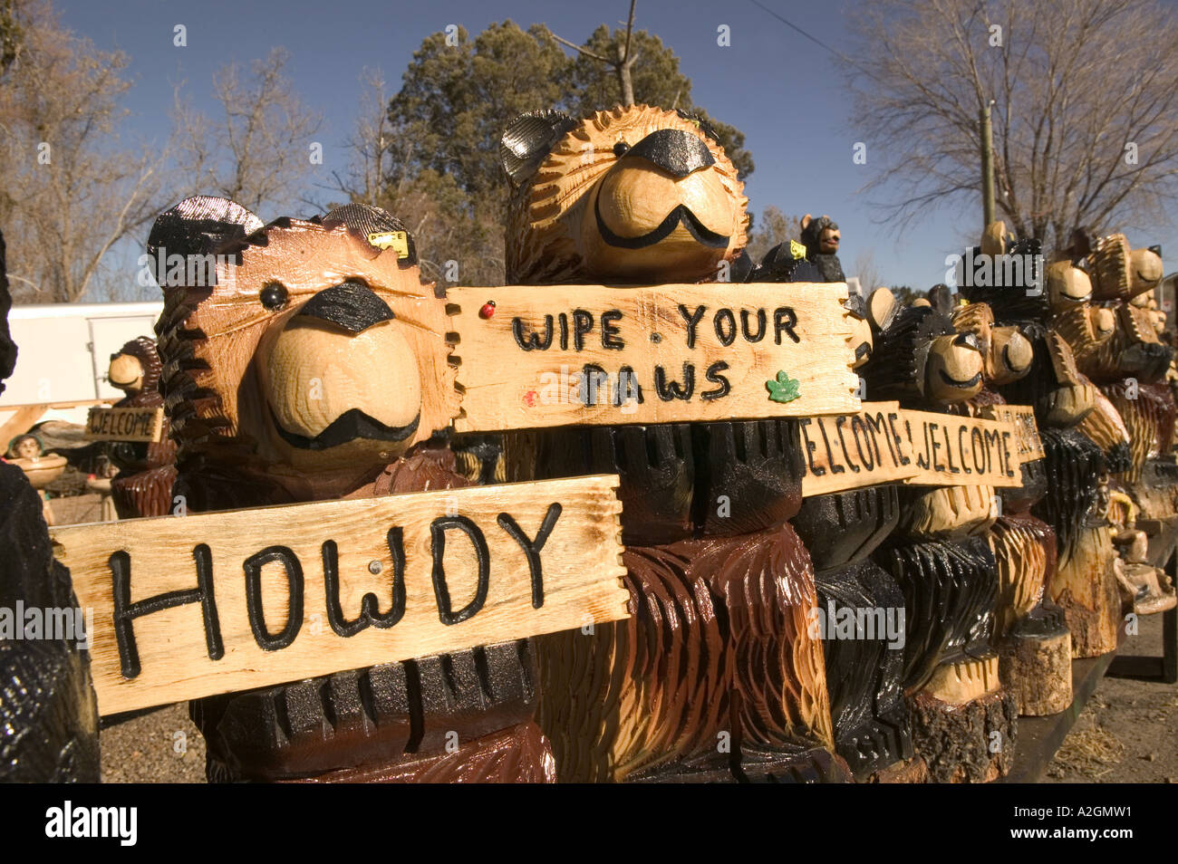 USA, New Mexico, Ruidoso Carved Decorative Wooden Bears for Sale Stock