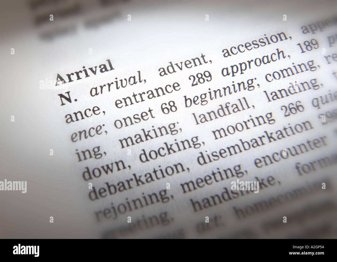 THESAURUS PAGE SHOWING DEFINITION OF WORD ARRIVAL Stock Photo