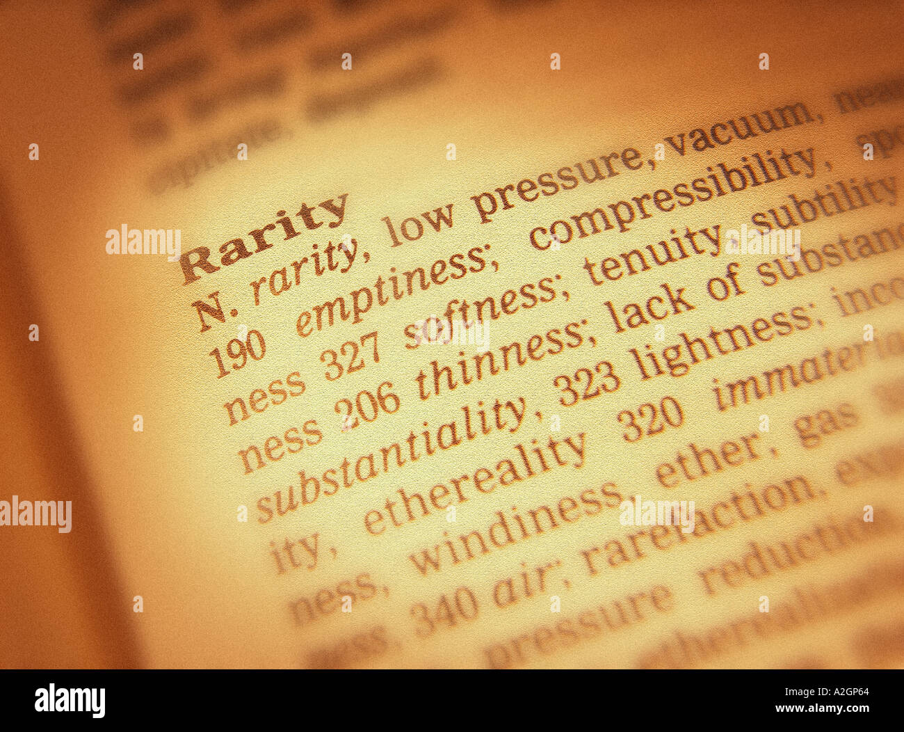 THESAURUS PAGE SHOWING DEFINITION OF WORD RARITY Stock Photo