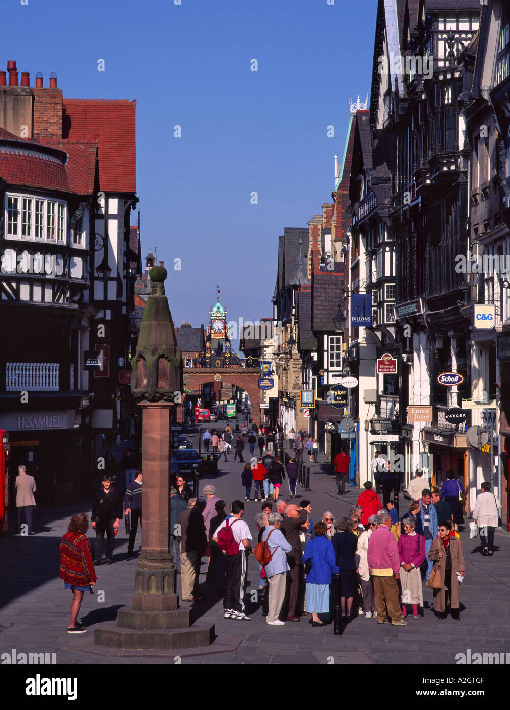 View down Eastgate street in Chester, Cheshire Stock Photo Alamy