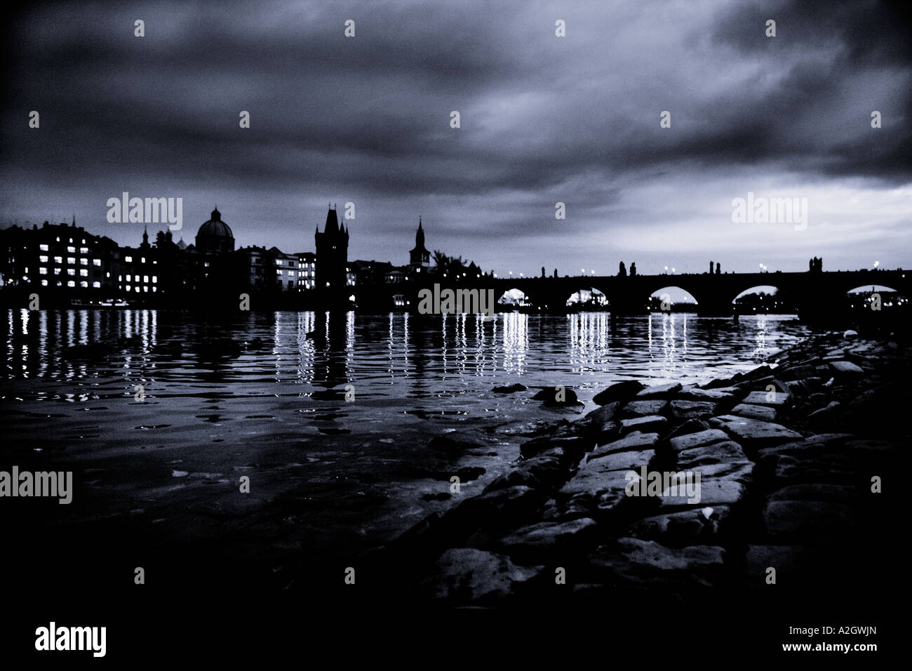 Black and white image of the Charles Bridge, Prague, Czech Republic Stock Photo