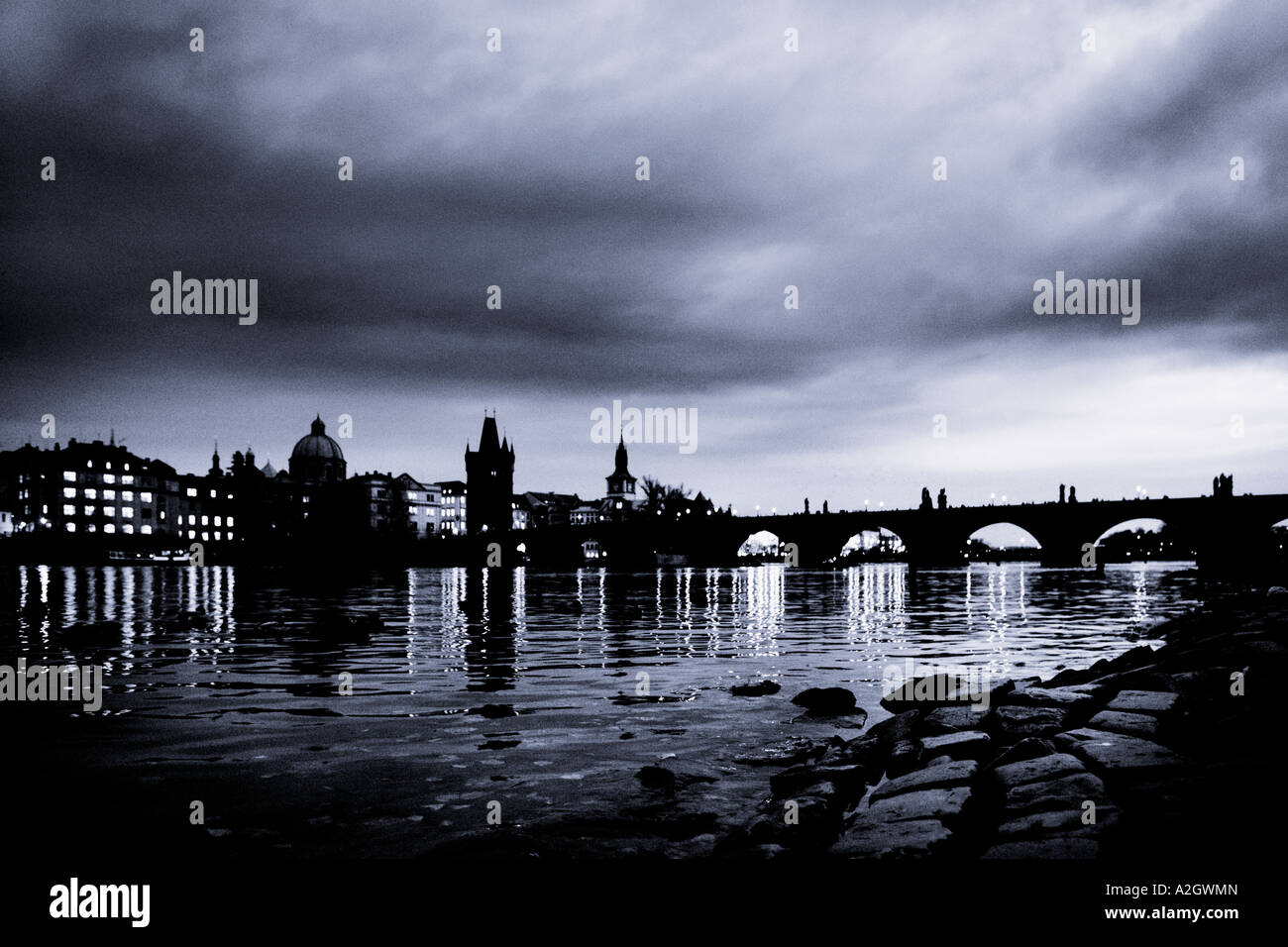 Black and white image of the Charles Bridge, Prague, Czech Republic Stock Photo