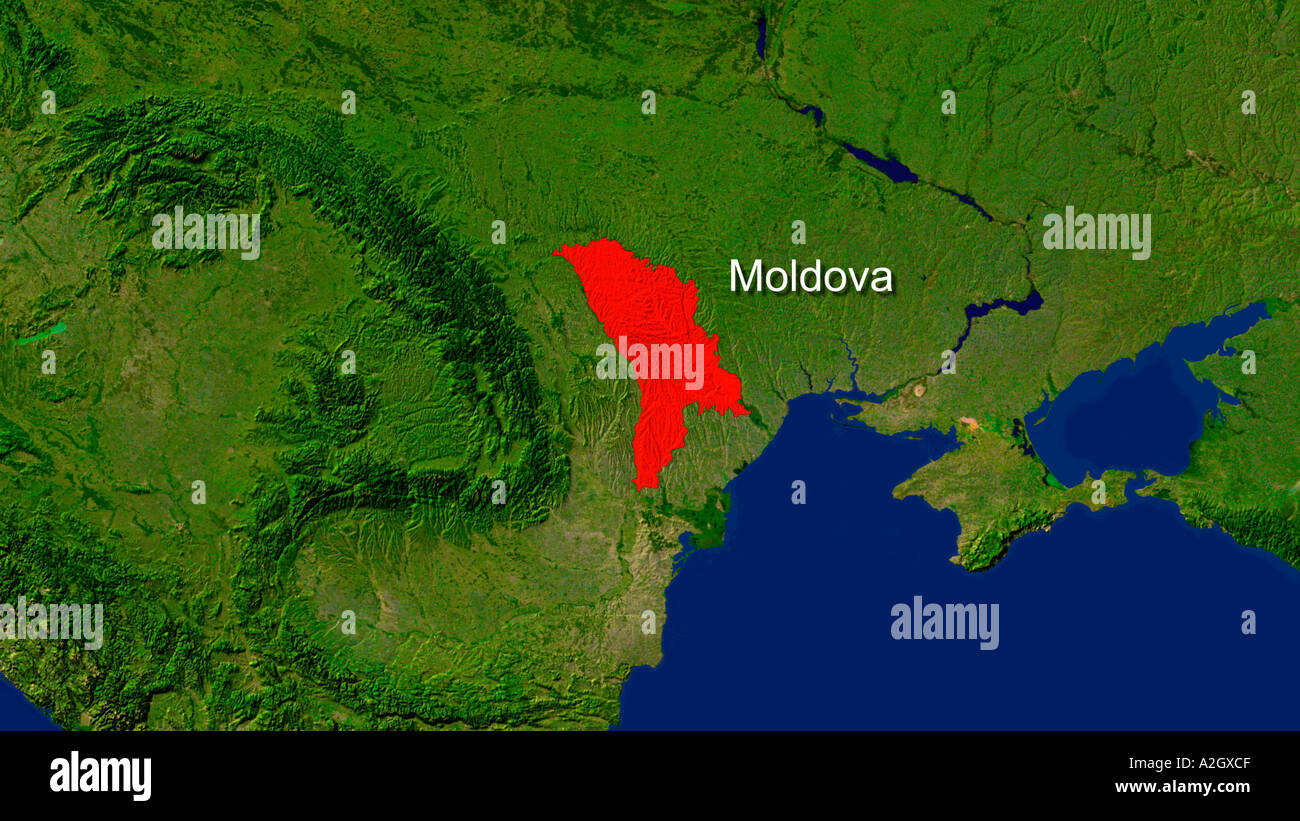 Satellite Image Of Moldova Highlighted Red Stock Photo
