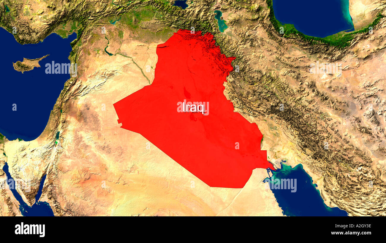 Satellite Image Of Iraq Highlighted Red Stock Photo