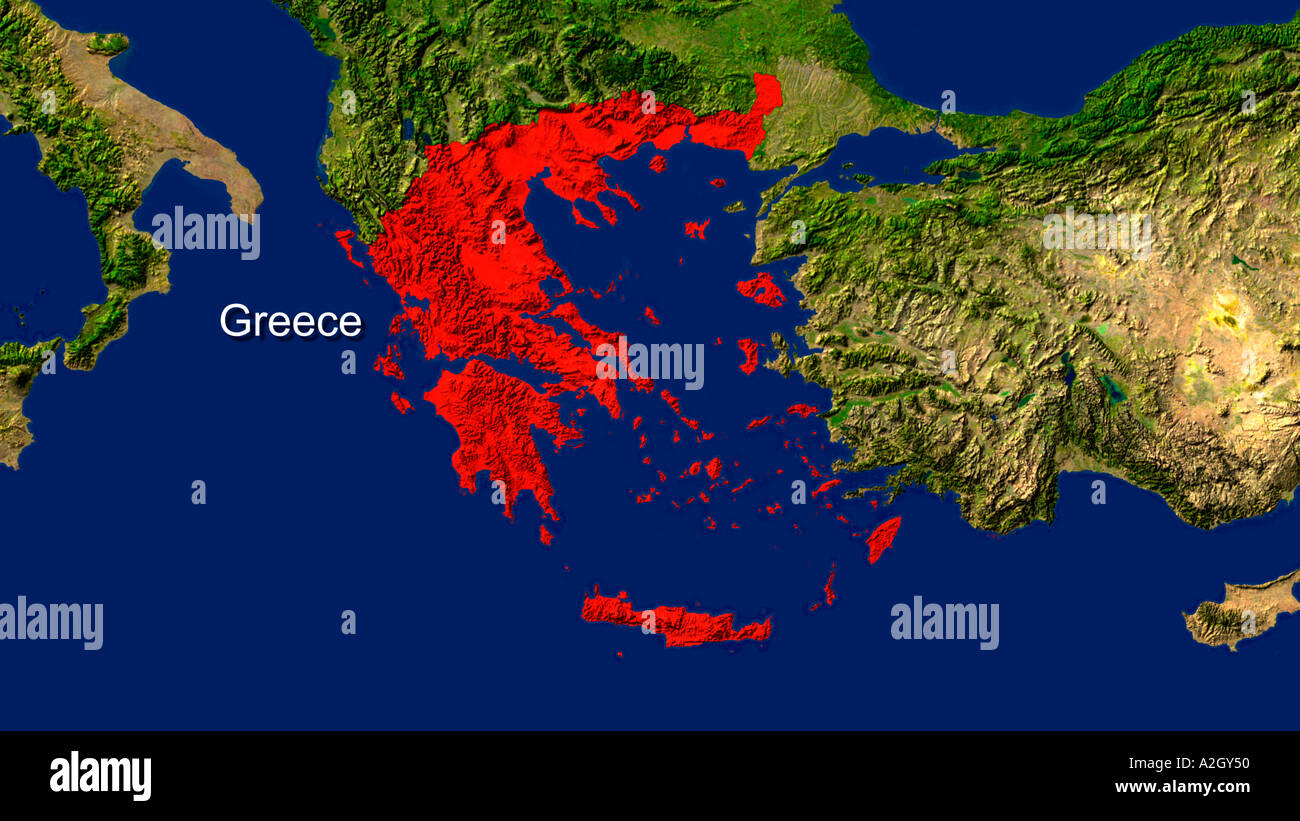 Satellite Image Of Greece Highlighted In Red Stock Photo Alamy