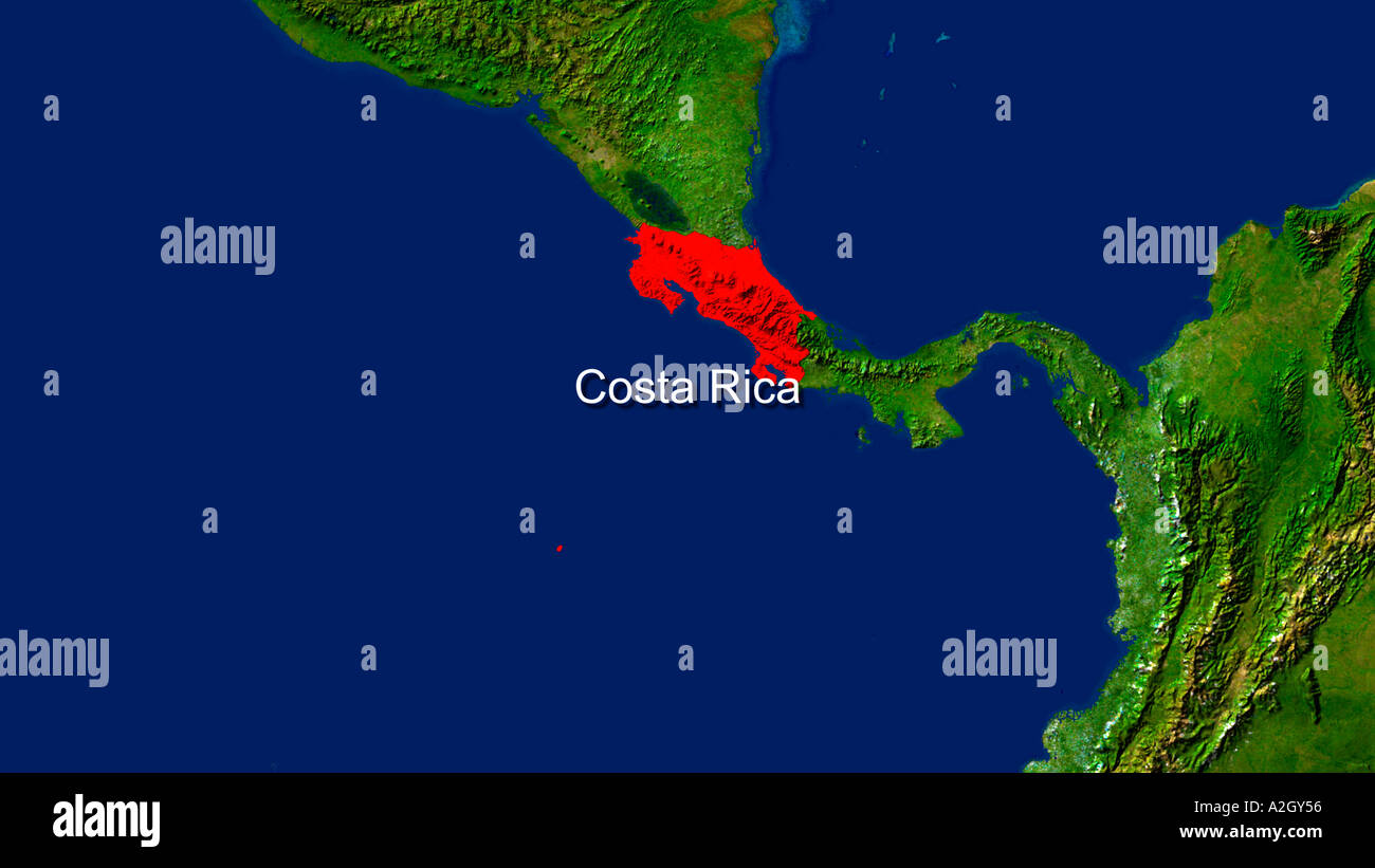 Satellite Image Of Costa Rica Highlighted Red Stock Photo