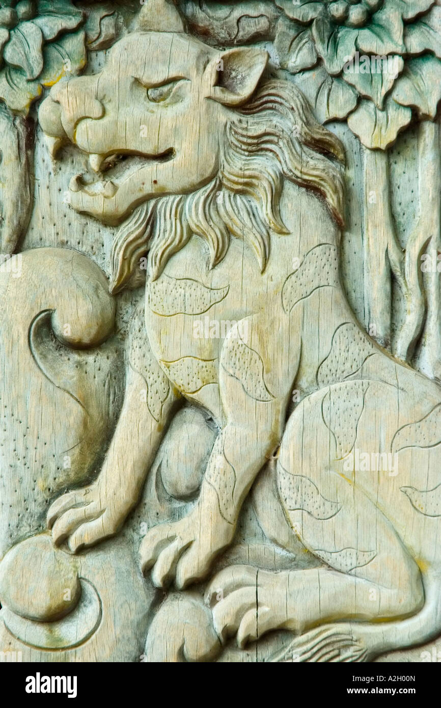 Indonesia Bali Ubud Agung Rai Museum of Art ARMA vertical reliefs of nature lion Stock Photo