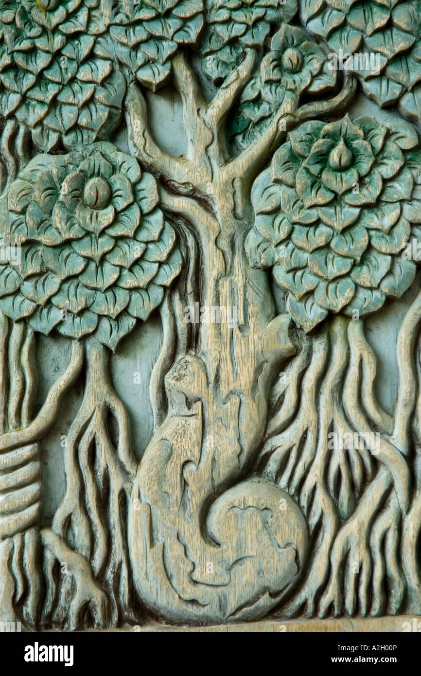 Indonesia Bali Ubud Agung Rai Museum of Art ARMA vertical reliefs of nature tree Stock Photo