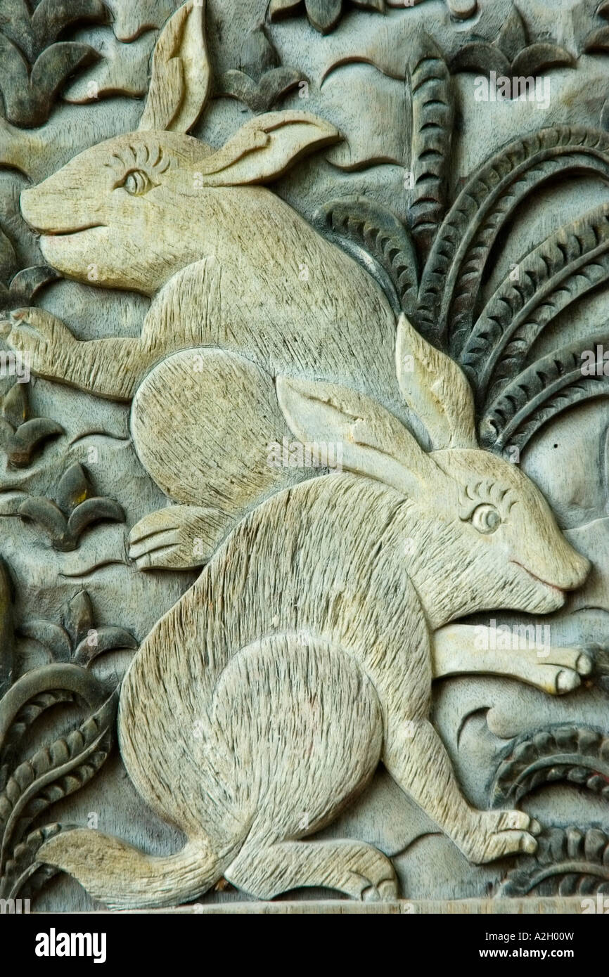 Indonesia Bali Ubud Agung Rai Museum of Art ARMA vertical reliefs of nature rabbits Stock Photo