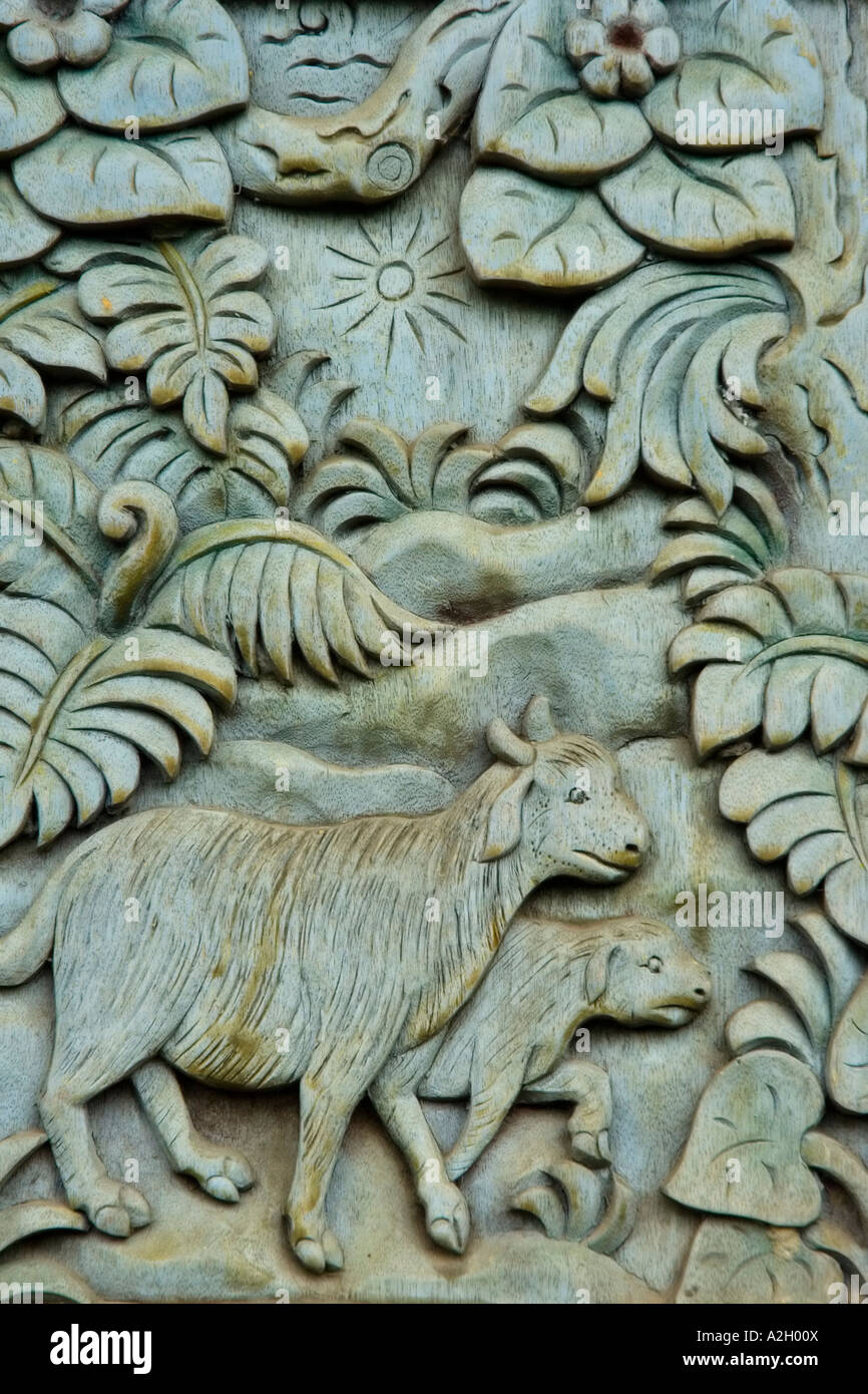 Indonesia Bali Ubud Agung Rai Museum of Art ARMA vertical reliefs of nature goats Stock Photo