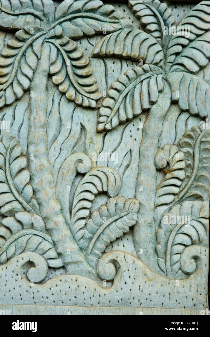 Indonesia Bali Ubud Agung Rai Museum of Art ARMA vertical reliefs of nature palm trees Stock Photo