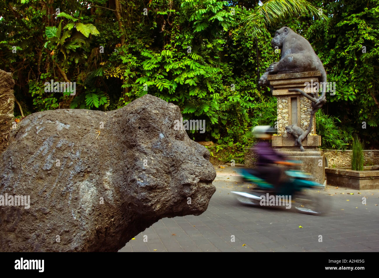 Indonesia Bali Ubud Monkey Forest Sanctuary monkey sculptures at road