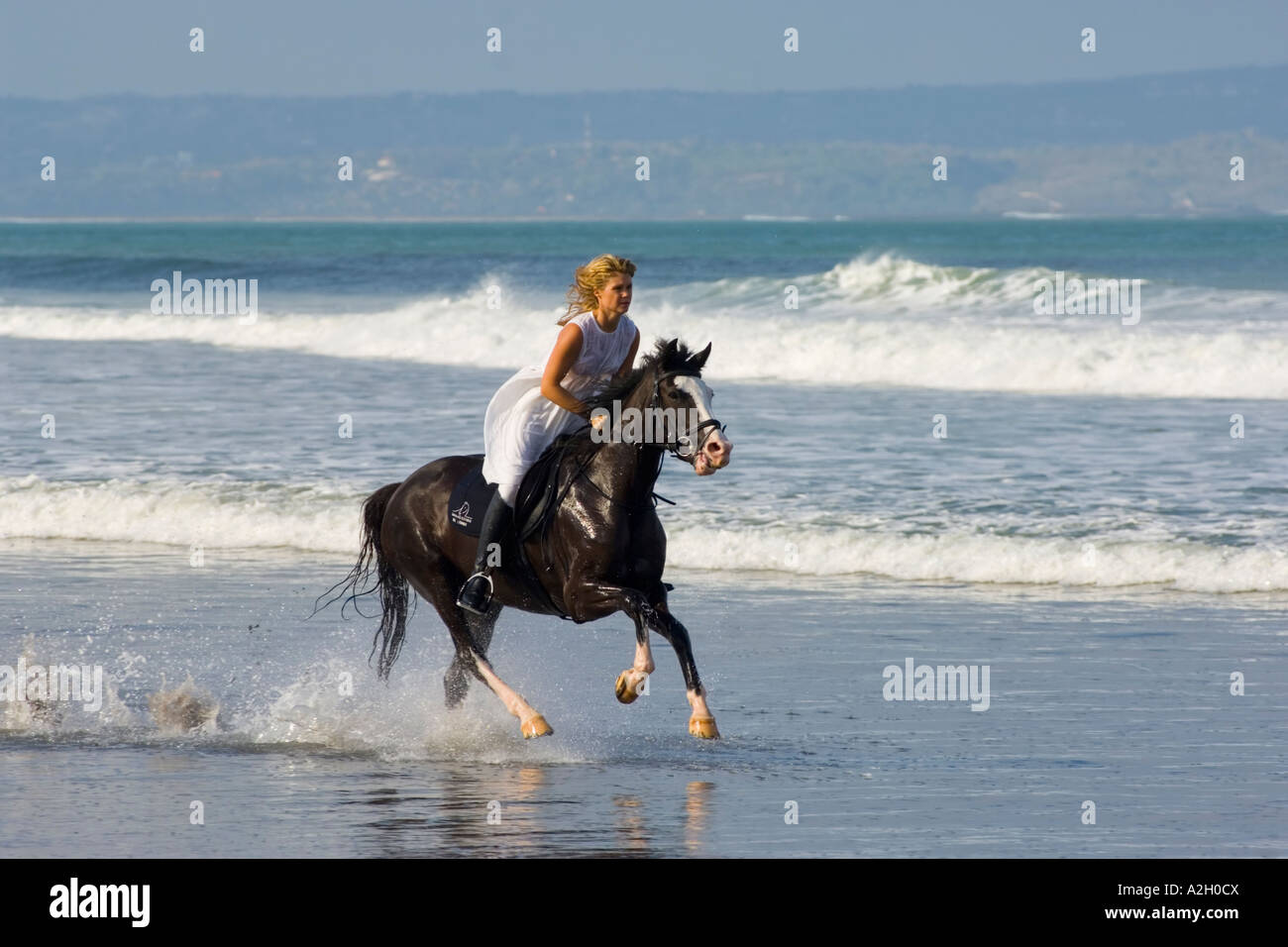 Indonesia Bali Seminyak woman in white dress riding on horse along beach Stock Photo - Alamy Indonesia Bali Seminyak woman in white dress riding on horse along beach Stock Photo - Alamy