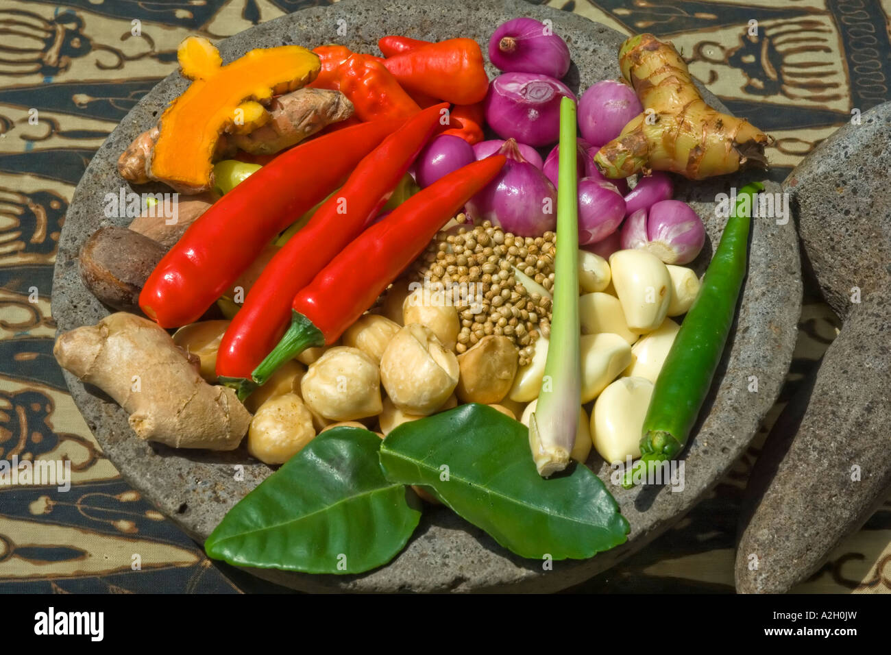 Indonesian Kitchen Ingredients including chillies garlic turmeric