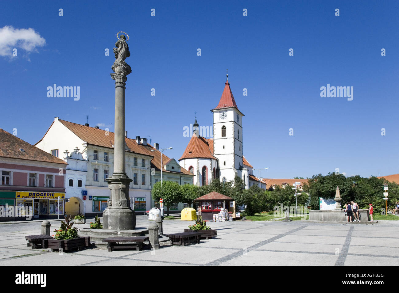 Peace Square Church of Sts Peter and Paul 1260 and Plague Pillar 1725 Horazdovice CR Stock Photo