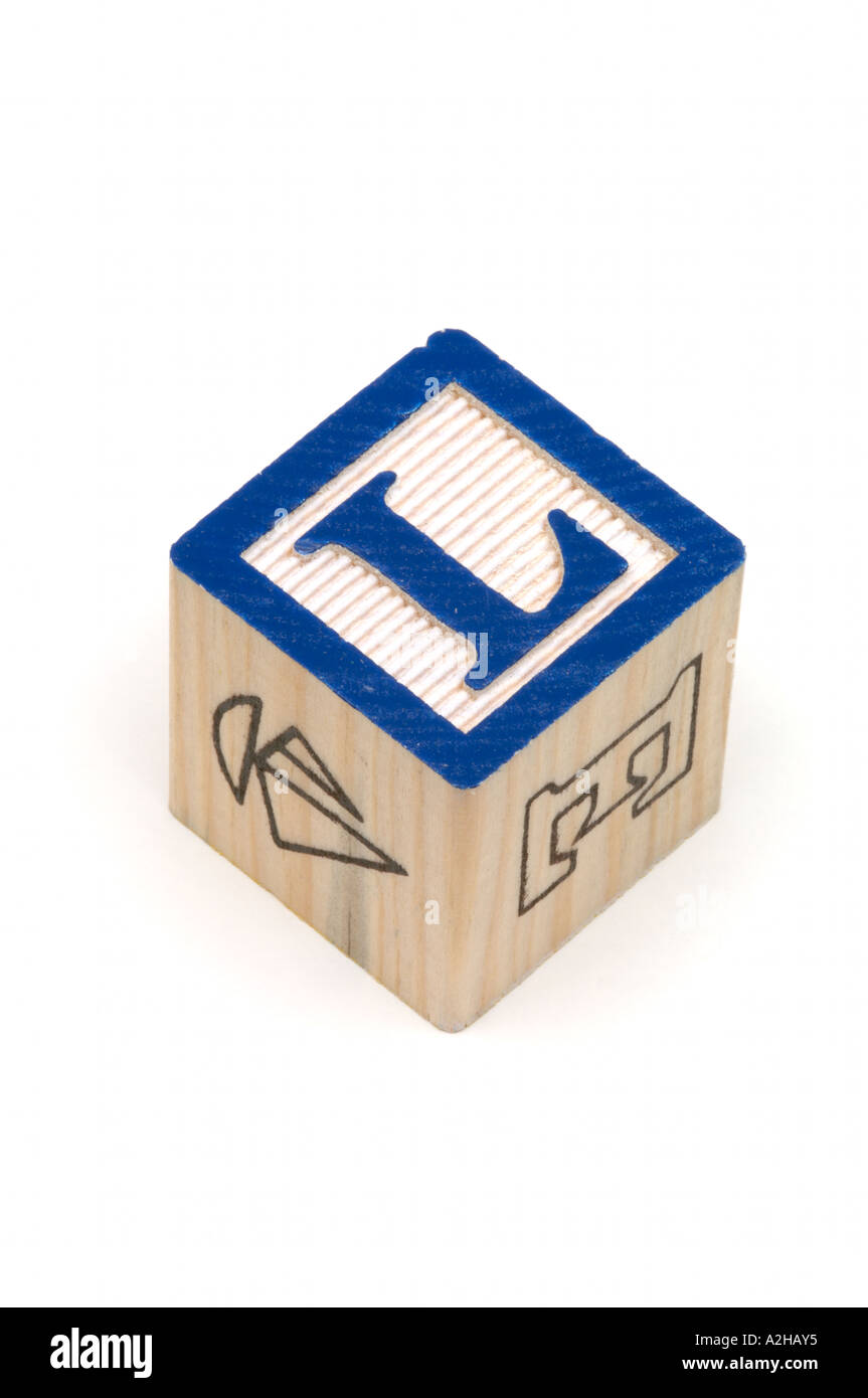 Children wooden learning block showing blue alphabet L Stock Photo