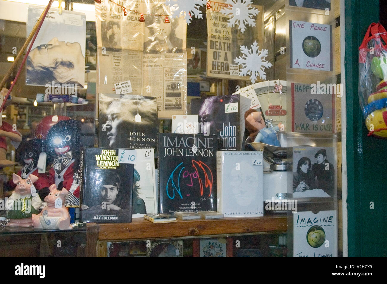 Selection of John Lennon memorabilia on sale in an antique shop Stock Photo