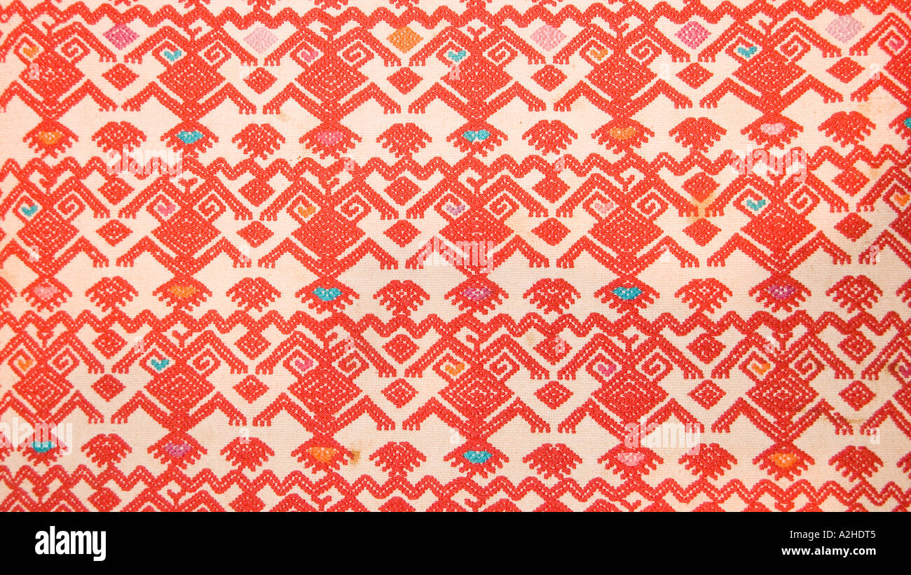 Detail of Mexican brocaded fabric with anthropomorphic motifs Chiapas Mexico Stock Photo