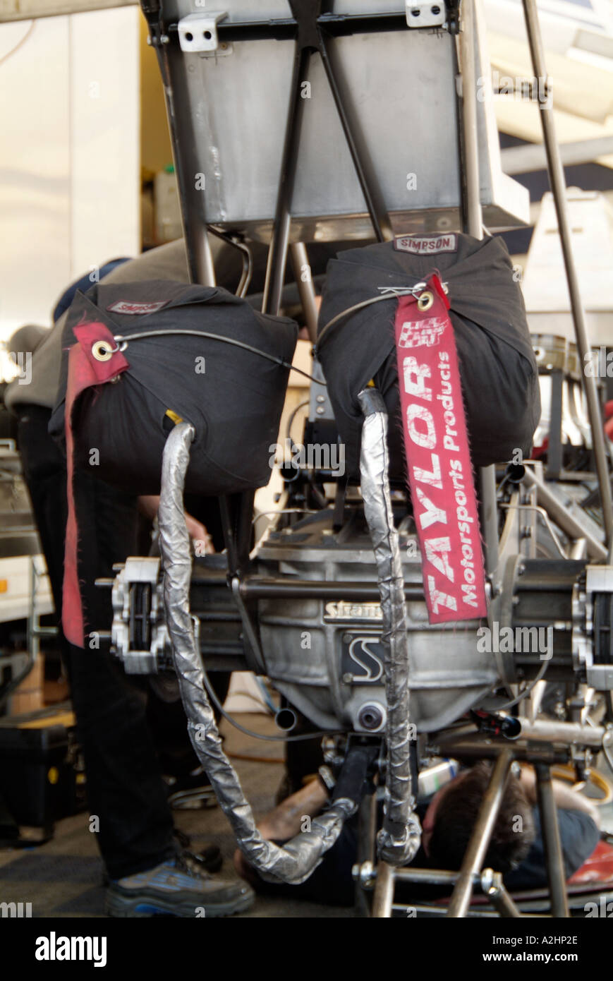 parachute packs on the back of a top fuel dragster used to slow the car down after a 300 mph run Stock Photo